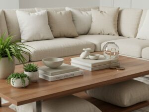 Decoração de sala com objetos baratos e criativos, incluindo plantas e almofadas