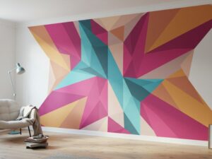 Parede com pintura geométrica colorida, exemplo de decoração barata e criativa