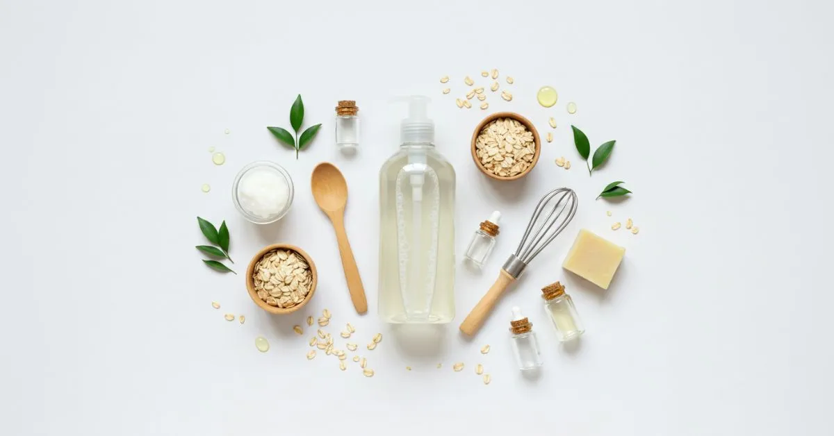 Frasco de sabão líquido caseiro com recipiente de mistura e ingredientes naturais, composição minimalista sobre fundo branco